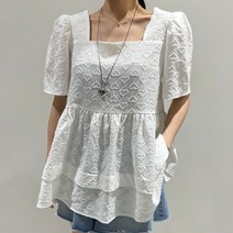블링앤수 반팔 스퀘어넥 하트 패턴 러블리 블라우스 LZZ216
