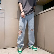 아메리칸 빈티지 찢어진 청바지 남자 여름 고가 힙합 길거리 바지 유행하는 깡패 잘생긴 와이드 팬츠