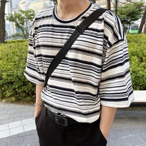 스프라이트티 남자 여름 배색 반팔 단가라 줄무늬 스트라이트 면 오버핏 루즈핏 티셔츠