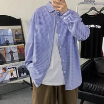남성 셔츠 봄 가을 날씬하고 키커 보이는 세로 스트라이프 블루 얇은 원단 심플 단정 깔끔