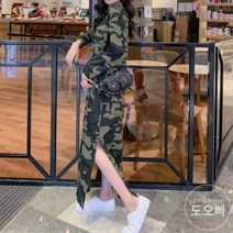 도오빠 여성 티셔츠 원피스 빅사이즈 면 긴팔티 밀리터리