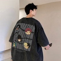라운드박스티 중량 순면 코튼 라이브 틱톡 품질 아메카지스타일 클래식 트렌드 왁스 염색 워싱 구제 루즈핏티 4994329426