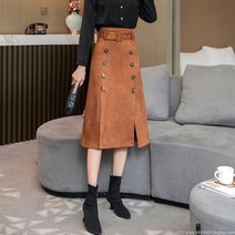 라오농 여성 겨울 미디 A라인 모직 앞트임 더블 단추 스커트 +KII06X