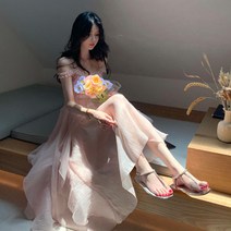 여름 여성 롱스커트 핑크 나시 원피스 플리츠