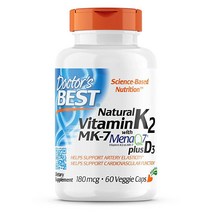Doctors Best MenaQ7 및 비타민D3 함유 천연 비타민K2 MK-7 180mcg 베지 캡슐 60정, 1개