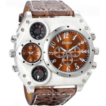 듀얼타임 알큰 빅페이스 가죽 멀티 유니크한 남자 손목 시계 브라운