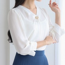 드뷰 여성 진주포인트 브이넥 쉬폰 7부 블라우스 (4color)