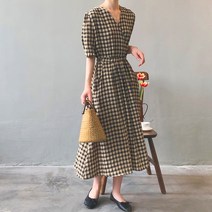 패스타임 여성 여름 프렌치 랩 브이넥 깅엄 체크 롱 플레어 원피스 하객룩 원피스 데이트룩 오피스룩