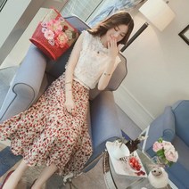 레이스 플라워세트화려한패턴 레이스블라우스 프릴스커트 플라워패턴 러블리