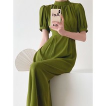 복고풍 반폴라 셔링 롱원피스 퍼프 반팔 무지 A라인 무지 원피스