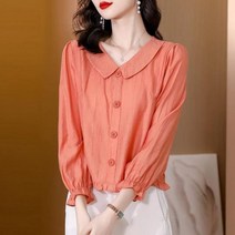 레이스 롱 줄무늬 스퀘어 크롭 긴팔 정장 슬리브 블라우스 패션 피터팬 칼라 단색 버튼 의류 봄 캐주얼 풀오버 루즈핏 올 매치 셔츠 복 상의