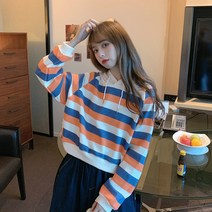 풀오버 맨투맨 여성 747# 가을 캐주얼 박시 스트라이프 얇은 후드 쇼트 뉴타임즈 Z
