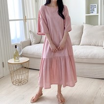 수니베 린넨 마 셔링 프릴 일자 롱 원피스 여름 반풀 시원 빅사이즈 임산부 루즈핏 문센룩