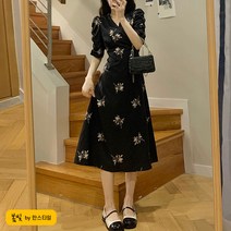 우리봄빛[M-3XL]퍼프 엘레강스 플라워 랩스타일 롱 플레어 원피스