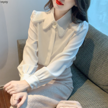 vsyoy 2023 봄과 가을 새로운 패션 기질 인형 칼라 화이트 쉬폰 셔츠 여성용 프랑스 스타일 셔츠 내부 셔츠