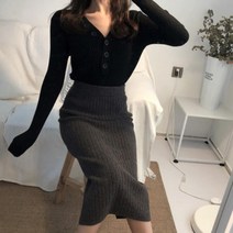 여성 깊은 브이넥 니트 단추 골지 면 긴팔