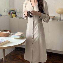 라엔 브이넥 단추형 긴팔 롱원피스