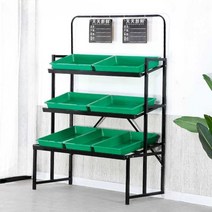 마트 진열대 매장 가판대 과일 채소 젤리 3단 바구니, 7개의 검정색 바구니가 있는 녹색 3단 선반