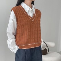 브이넥 스티치 배색 니트 조끼 여자 베스트 4컬러