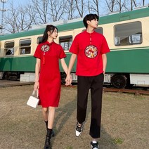 신혼여행 커플룩 허니문 원피스 커플티 휴양지 바캉스 시밀러룩 커플 여름 드레스 중국 스타일 자수 드레스 빨간 버튼 반팔 티셔츠 cheongsam 토스트 의류의 개선 된 버전