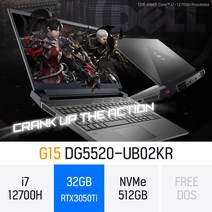 델 2022 G15 5520 Gaming Laptop 다크 쉐도우 그레이 DG5520-UB02KR 지포스 RTX3050Ti 게이밍 고사양 영상편집 포토샵 캐드, 32GB, Free Dos, 512GB