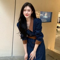 런메시Runmecy 데님 롱 원피스 청원피스 허리 스트랩 원피스