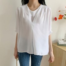 여성 셔츠 블라우스 데일리 크레드 앞주름 반팔