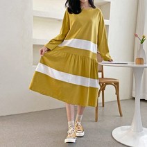 여자 봄 풀오버 원마일 배색 후레아 셔링 롱원피스