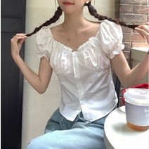 베이비돌 스퀘어넥 캡소매 벌룬 퍼프 크롭블라우스 퍼프소매 흰색 핑크