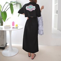 국내제작 뒷트임 여름 반팔 롱원피스 레터링 루즈핏 면 홈웨어원피스