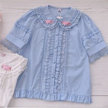 빅카라 블라우스 남행선옷 프릴 빅사이즈 블라우스셔츠 빅 카라 둥근카라 귀여운 레이스 여성 블루 캔디 셔츠 카와이 의류 퍼프 소매 보우