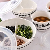 도자기 밀폐 원형 3칸 나눔 반찬 접시 반찬통(대) 1개+1개, 폴란드 리프 1+1(대)