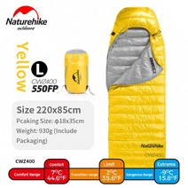 초경량 캠핑 침낭 Naturehike- CW400 겨울용 따뜻한 형 화이트 구스다운 슬리, 03 Yellow L 550FP