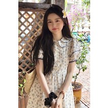 데일리 플리츠 캐주얼 둥근 카라 원피스 빅사이즈 데이트룩 빅카라 퍼프소매 트임 자수 코튼