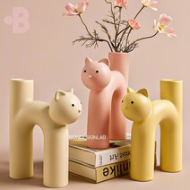 본디자인랩 오브제 세라믹 화병 도자기 고양이 꽃병 인테리어, 크리미냥 고양이 화병 - 웜 화이트
