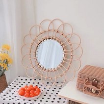 DSFCP 라탄 거울 현관 문걸이 거울, 플라워원목58CM