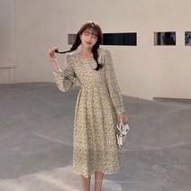 코디코치 여성 허니 스퀘어넥 플라워 쉬폰 미디움 원피스