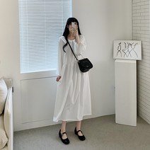 여자 둥근카라 라운드넥 셔링 긴팔 a라인 롱원피스