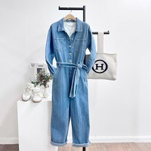 워커 벨티드 와이드 데님 점프수트