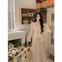 린 무늬 베이지 펄 데님 하이 코디세트 크롭 니트 무늬 투피스 롱 스커트