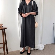 데일리와이 국내제작 마룬 퍼프 셔링 롱 린넨 원피스 빅사이즈