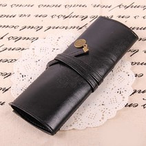 뽀띠나 가죽 스웨이드 필통 파우치 빈티지 펜슬 케이스 스냅 포켓 두루마리롤 볼펜 펜 연필 휴대용 학생 직장 수납 보관 정리 멀티 사무 미용 다용도 다기능 붓통 화방 미술, 1개, 검정색