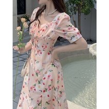 잇츠스타일 [L-4XL] 퍼프 슬리브 핑크 플라워 반팔 여름 원피스