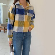 울 모직 겨울 여성 크롭 체크 비비드 빈티지 남방