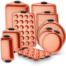 NutriChef 10-Piece Steel 들러붙지않는 제빵기구 세트 - 카본 베이킹트레이세트 w/히트safe 레드 실리콘핸들 Oven Safe Up to 450°F 피자, 10 Piece Set