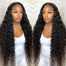 [레브] 인모 연습용 가발 deep wave frontal wig wet and wavy curly lace front human hair wigs 34 inch hd t, 자연색, 32인치, 180 밀도