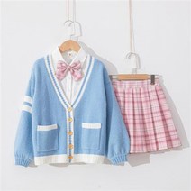 FANSYLI 여아 유니폼 키즈 스쿨룩 주니어 플리츠 셔츠 정장 세트 여아 카디건 스웨터 3종 세트 886호 6F