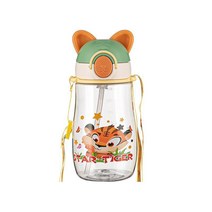 크리에이티브 타이거 스타일링 빨대컵 플라스틱 직음컵 컵 멜빵 물병, 그린 스트랩 컵, 450Ml