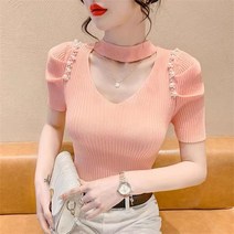 SJW 여성 여름 반팔 니트티셔츠 골지 가슴트임 진주 무지 슬림핏 쫄티 상의 빅사이즈