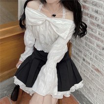 긴소매 셔츠 가을 순욕 오픈숄더 커프스 나비 결 숏 상의 여성 러블리 4593887464